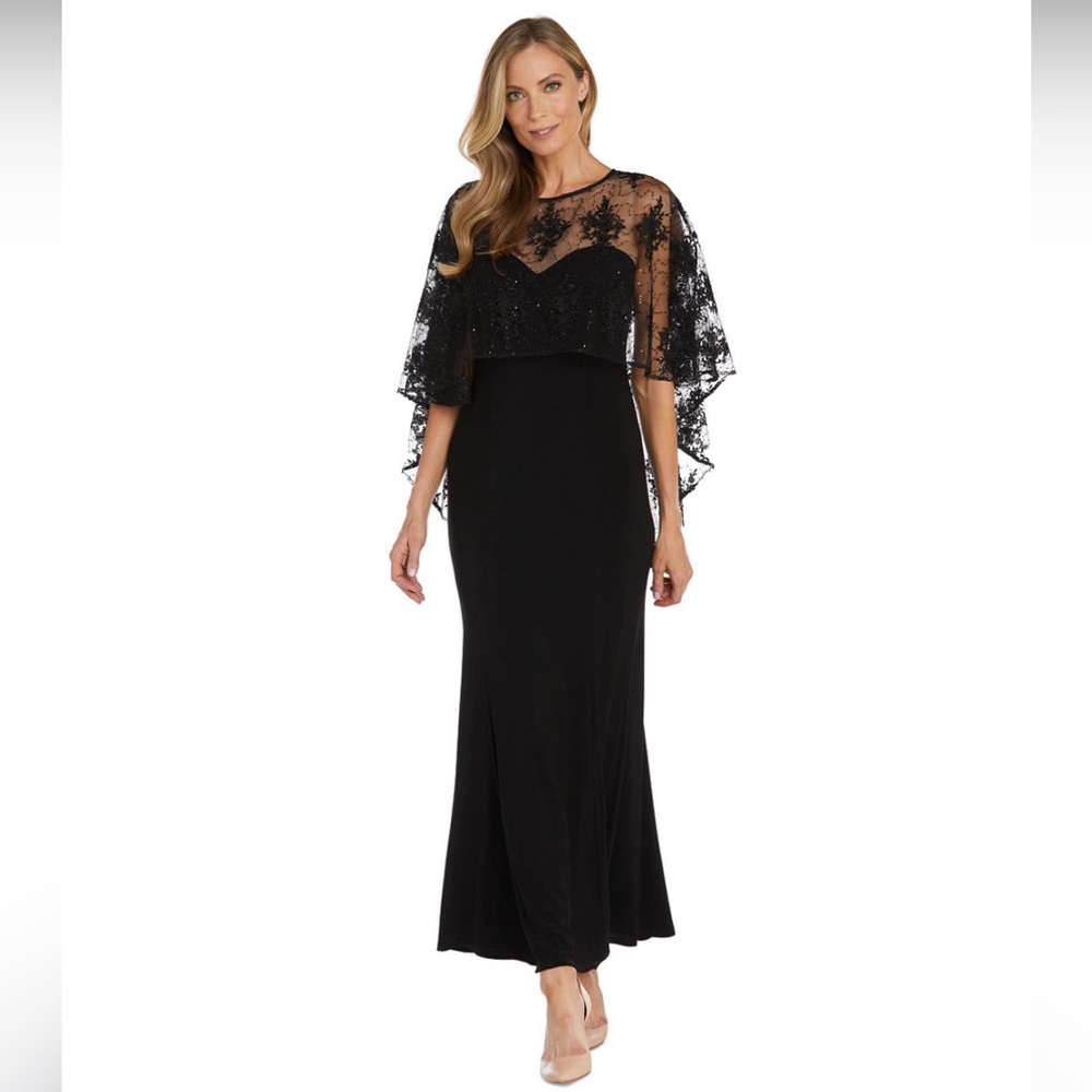 R&M Richards Embroidered Capelet Formal Gown Sequins Lace Black/Taupe
